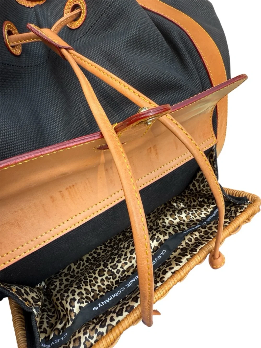 Clever Carriage Company XL Drawstring Tote with Front Basket Detail.